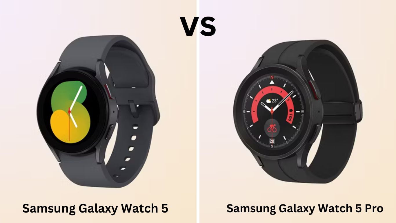 Side-by-side comparison of Samsung Galaxy Watch 5 and Watch 5 Pro showcasing features and design differences.